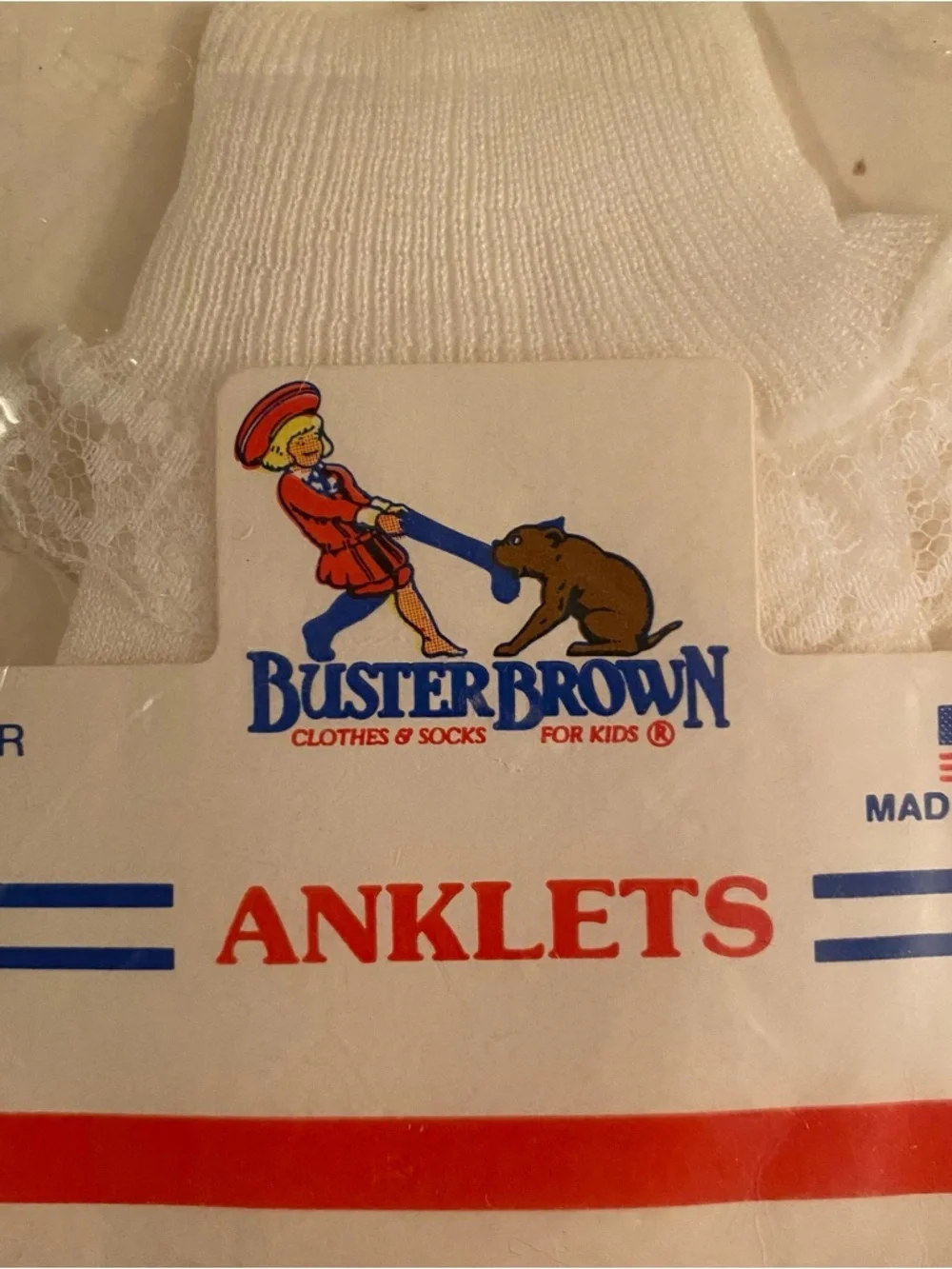 Vintage 80s Buster Brown Girl's Lace Trim Anklet Socks - New Sealed Made in USA